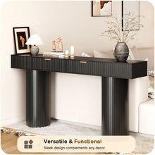 Load image into Gallery viewer, 63 Inch Black Console Table with Drawers, Modern Fluted Entryway Table, Long Narrow Sofa Table for Hallway Living Room, Sturdy Cylindrical Legs, 220 lbs Capacity