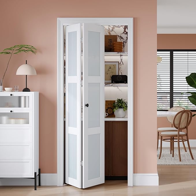 EaseLife Preassembled Bi-Fold Doors, for 30"x 80" Opening,Tempered Frosted Glass Closet Folding Barn Door with Concealed Hardware Kit,MDF Wood Panel,Water-Proof PVC Surface,Easy Installation
