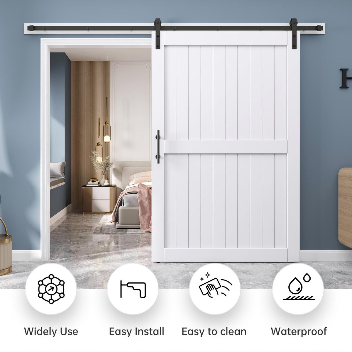EaseLife Sliding Barn Door with Barn Door Hardware Track Kit Included,Solid LVL Wood Slab Covered with Water-Proof & Scratch-Resistant PVC Surface,DIY Assembly,Easy Install,White, H-Frame