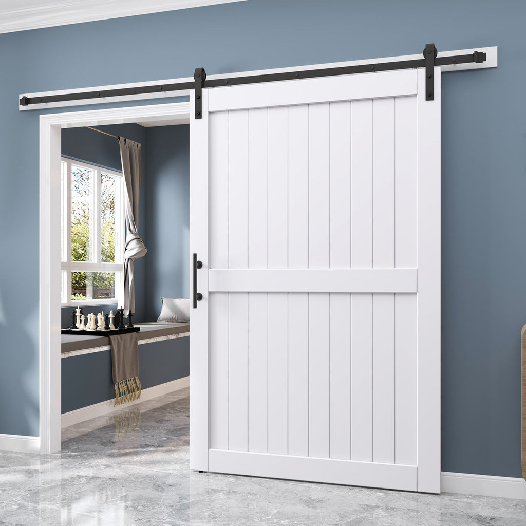 EaseLife Sliding Barn Door with Barn Door Hardware Track Kit Included,Solid LVL Wood Slab Covered with Water-Proof & Scratch-Resistant PVC Surface,DIY Assembly,Easy Install,White, H-Frame