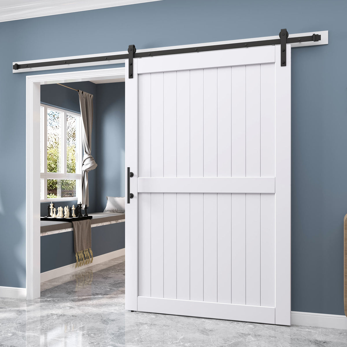 EaseLife Sliding Barn Door with Barn Door Hardware Track Kit Included,Solid LVL Wood Slab Covered with Water-Proof & Scratch-Resistant PVC Surface,DIY Assembly,Easy Install,White, H-Frame