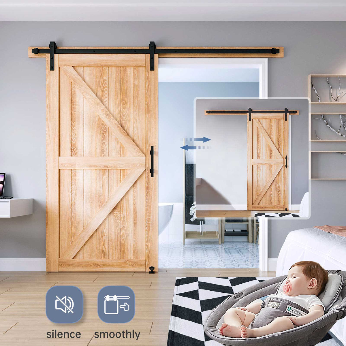 EaseLife Sliding Barn Door Hardware Track Kit with 12'' Handle & Floor Guide