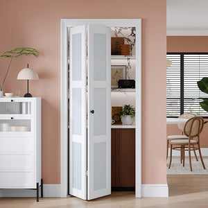 EaseLife Preassembled Bi-Fold Doors, for 30"x 80" Opening,Tempered Frosted Glass Closet Folding Barn Door with Concealed Hardware Kit,MDF Wood Panel,Water-Proof PVC Surface,Easy Installation