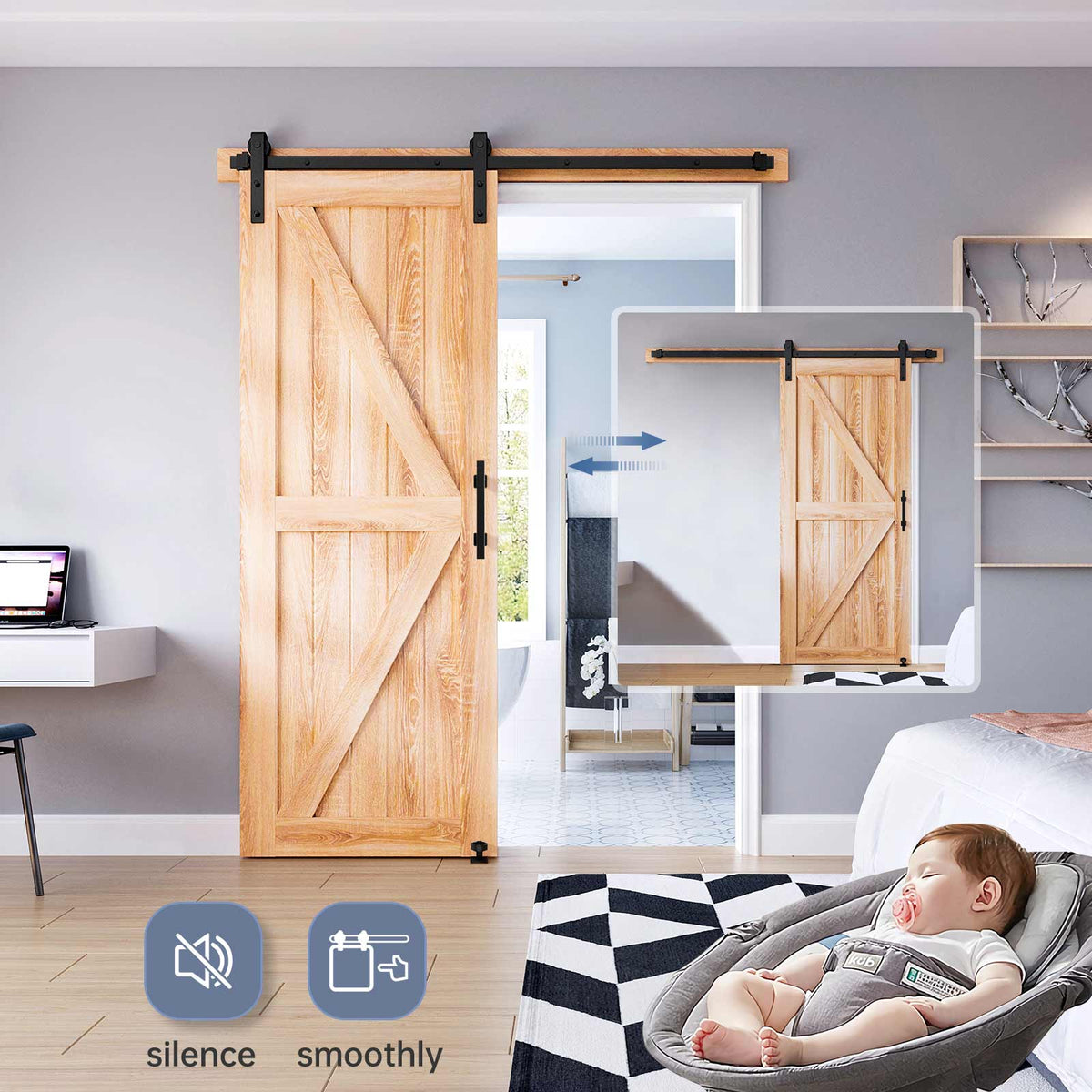 EaseLife Sliding Barn Door Hardware Track Kit with 12'' Handle & Floor Guide