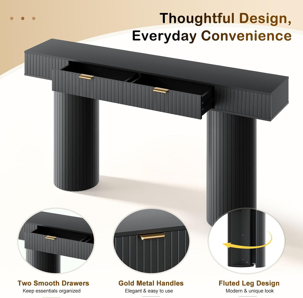 63 Inch Black Console Table with Drawers, Modern Fluted Entryway Table, Long Narrow Sofa Table for Hallway Living Room, Sturdy Cylindrical Legs, 220 lbs Capacity