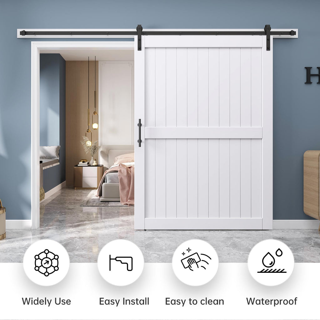 EaseLife Sliding Barn Door with Barn Door Hardware Track Kit Included,Solid LVL Wood Slab Covered with Water-Proof & Scratch-Resistant PVC Surface,DIY Assembly,Easy Install,White, H-Frame