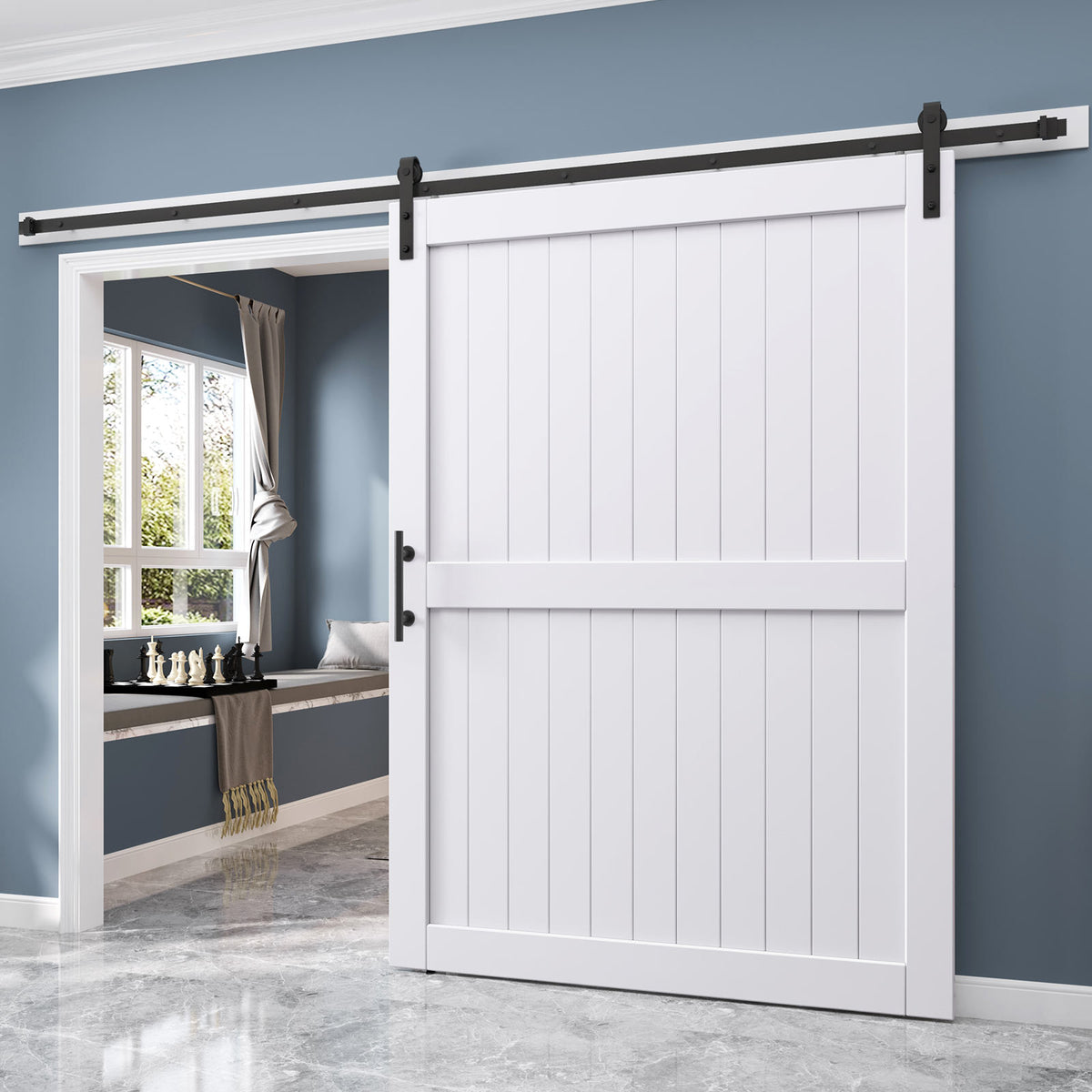 EaseLife Sliding Barn Door with Barn Door Hardware Track Kit Included,Solid LVL Wood Slab Covered with Water-Proof & Scratch-Resistant PVC Surface,DIY Assembly,Easy Install,White, H-Frame