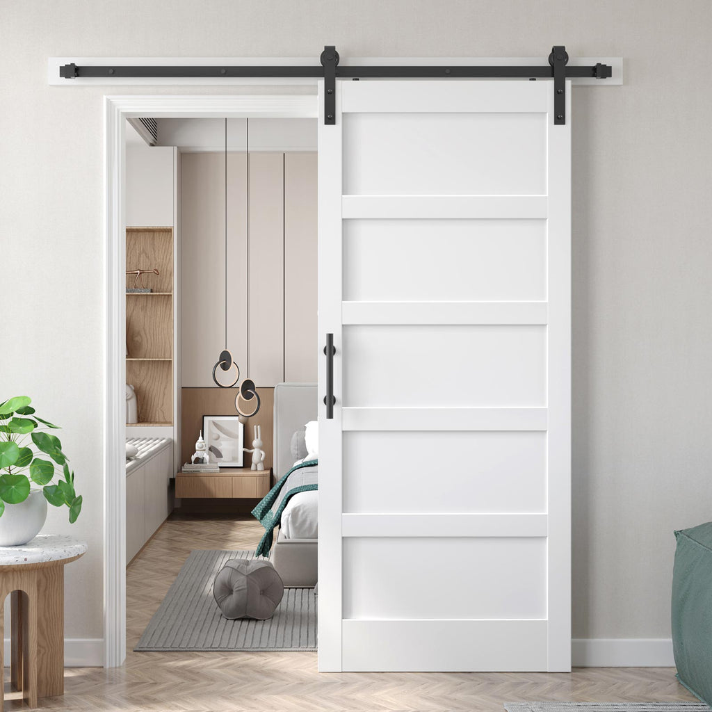 White Barn Door with Sliding Door Hardware Kit Included & Handle,Solid PVC Surface,DIY Assembly,5-Panel