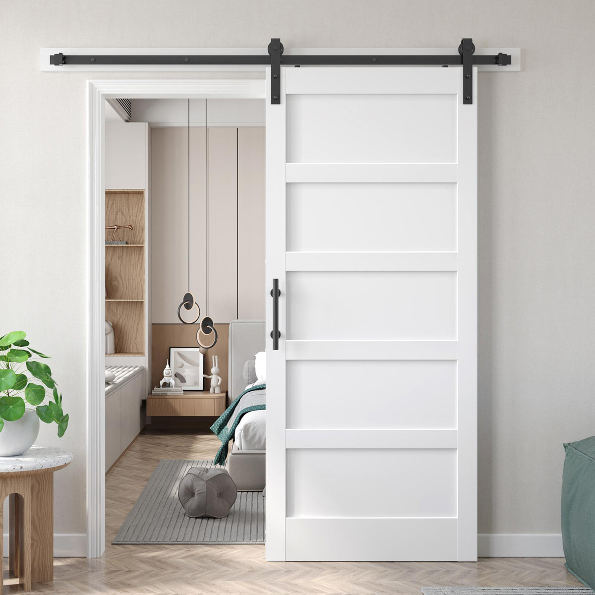 White Barn Door with Sliding Door Hardware Kit Included & Handle,Solid PVC Surface,DIY Assembly,5-Panel