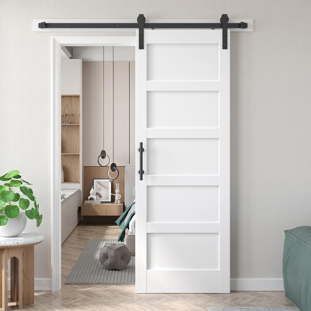 White Barn Door with Sliding Door Hardware Kit Included & Handle,Solid PVC Surface,DIY Assembly,5-Panel