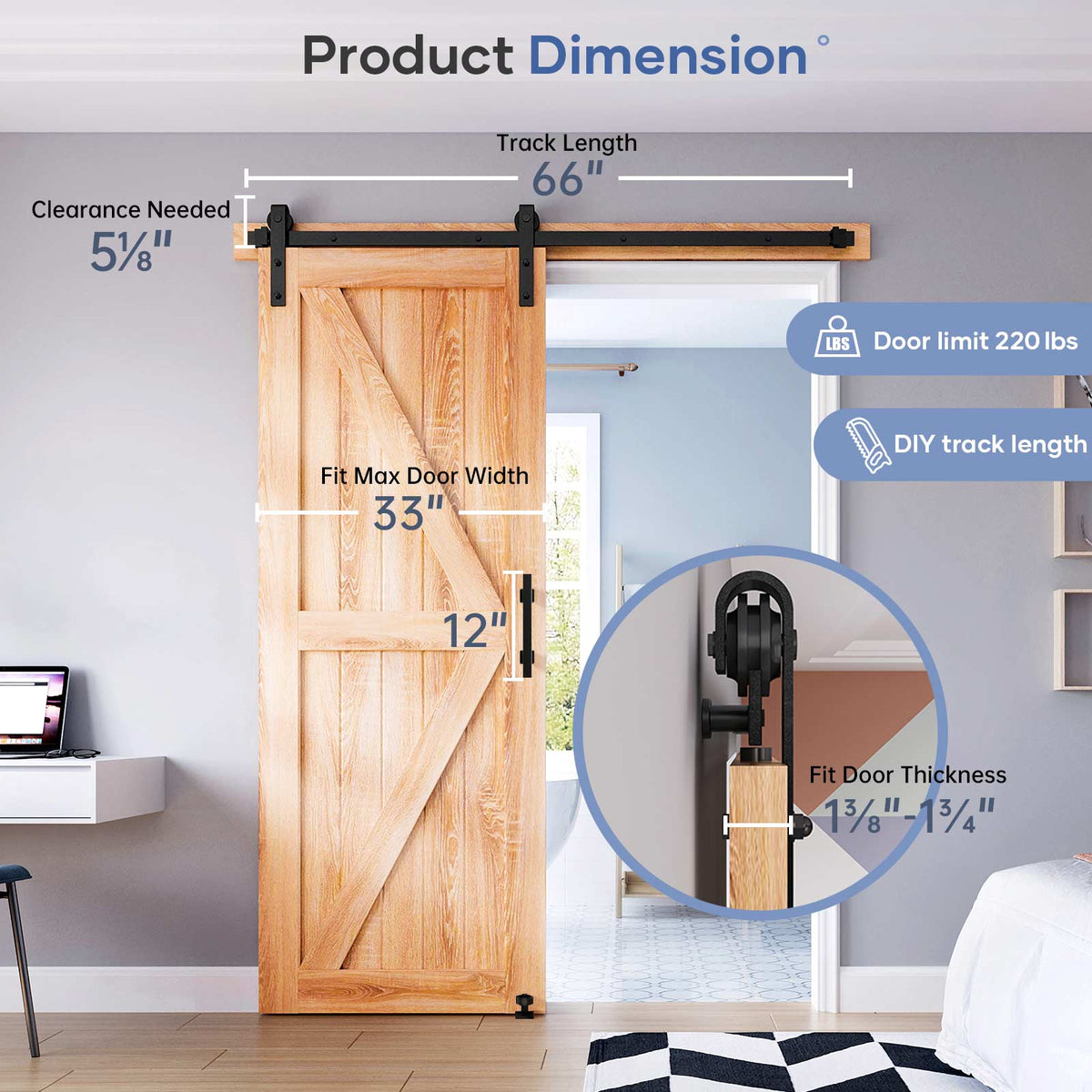 EaseLife Sliding Barn Door Hardware Track Kit with 12'' Handle & Floor Guide