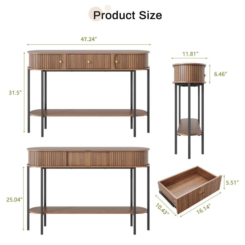 47.2" Entryway Table  with 3 Drawers, Fluted Entryway Table with Open Storage Shelf, Modern Narrow Sofa Table, Wood Grain Hallway Table with Black Metal Frame for Entryway, Living Room, Hallway Foyer Accent Table