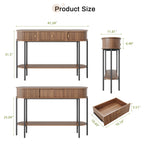 47.2" Entryway Table  with 3 Drawers, Fluted Entryway Table with Open Storage Shelf, Modern Narrow Sofa Table, Wood Grain Hallway Table with Black Metal Frame for Entryway, Living Room, Hallway Foyer Accent Table