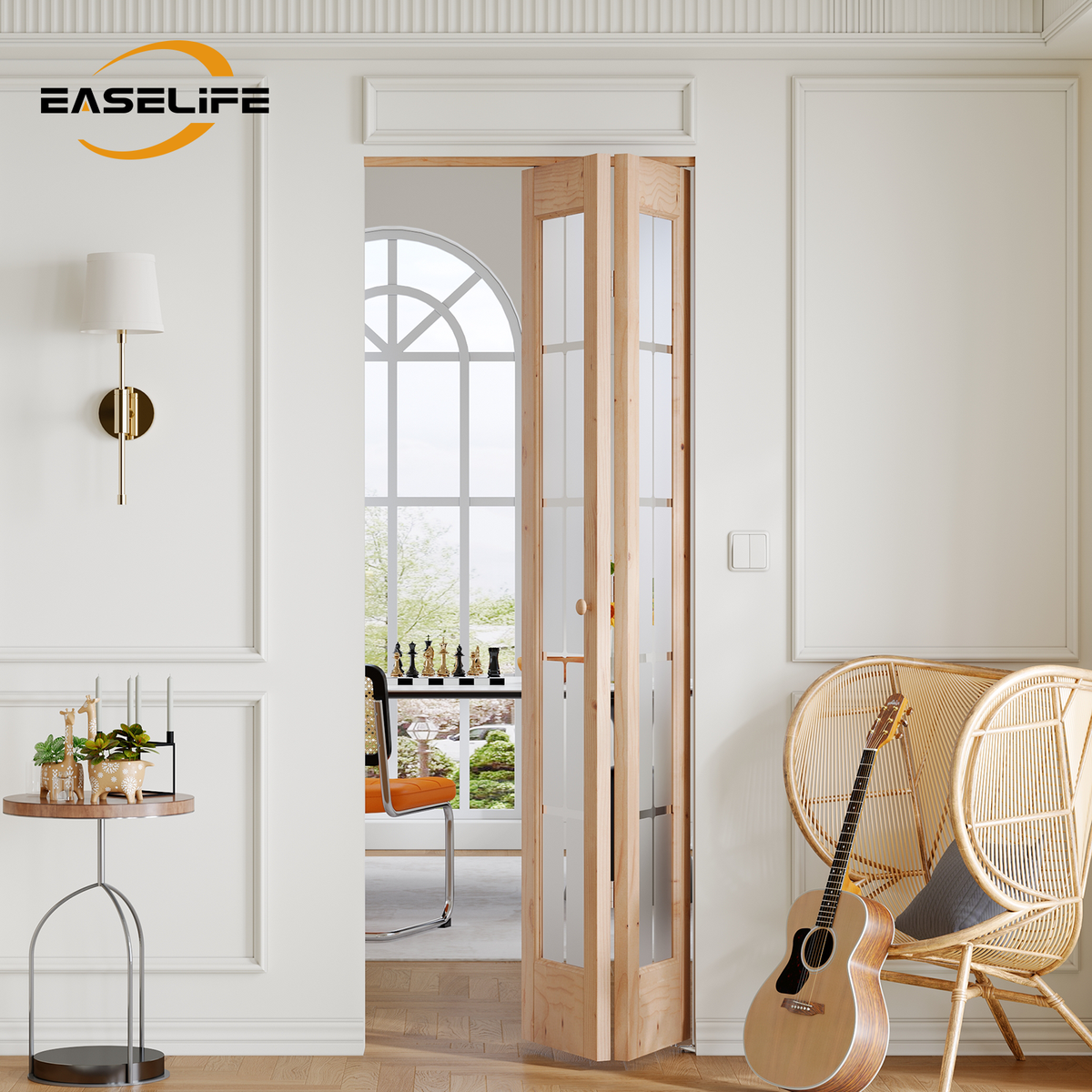 Solid Wood Glass Unfinished Bi-Fold Door With Installation Hardware Kit