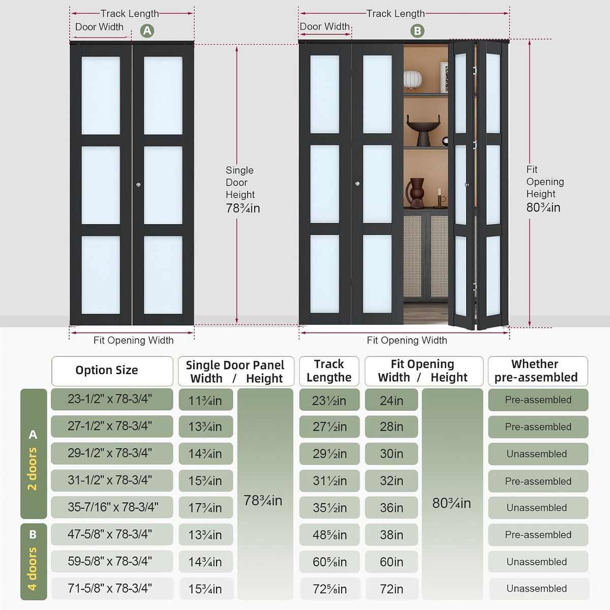 Frosted Glass And Solid Manufactured Wood Bi-Fold Door With Installation Hardware Kit