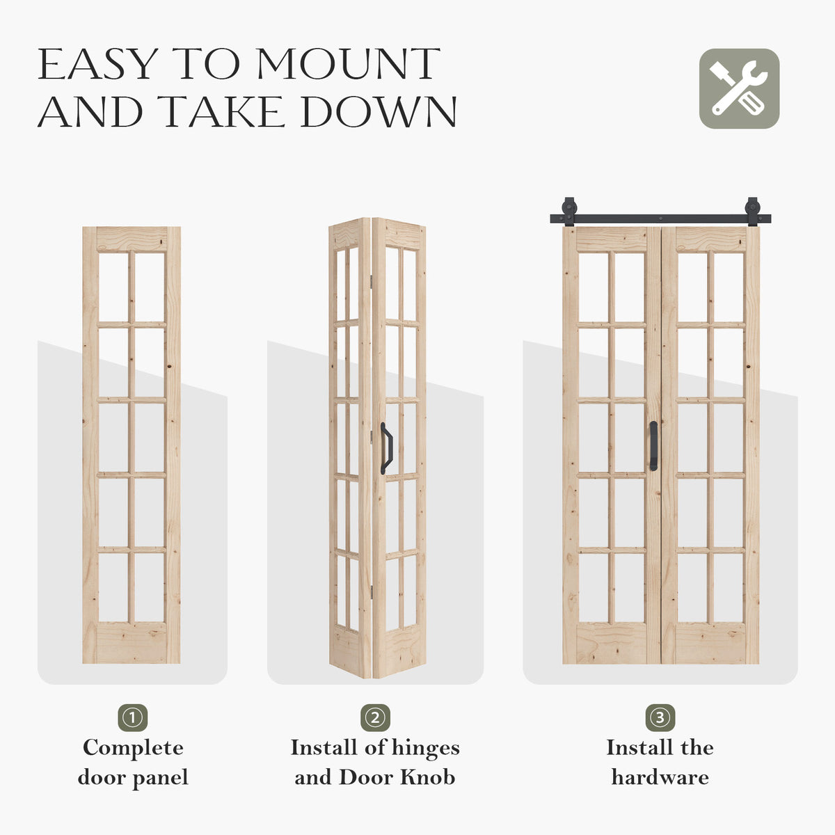 Easelife 42in x 84in(Double 21x84inch) Bifold French Glass Door,Sliding Folding Barn Doors with 3.8FT Hardware Track kit Included,Preassembled,Easy Install