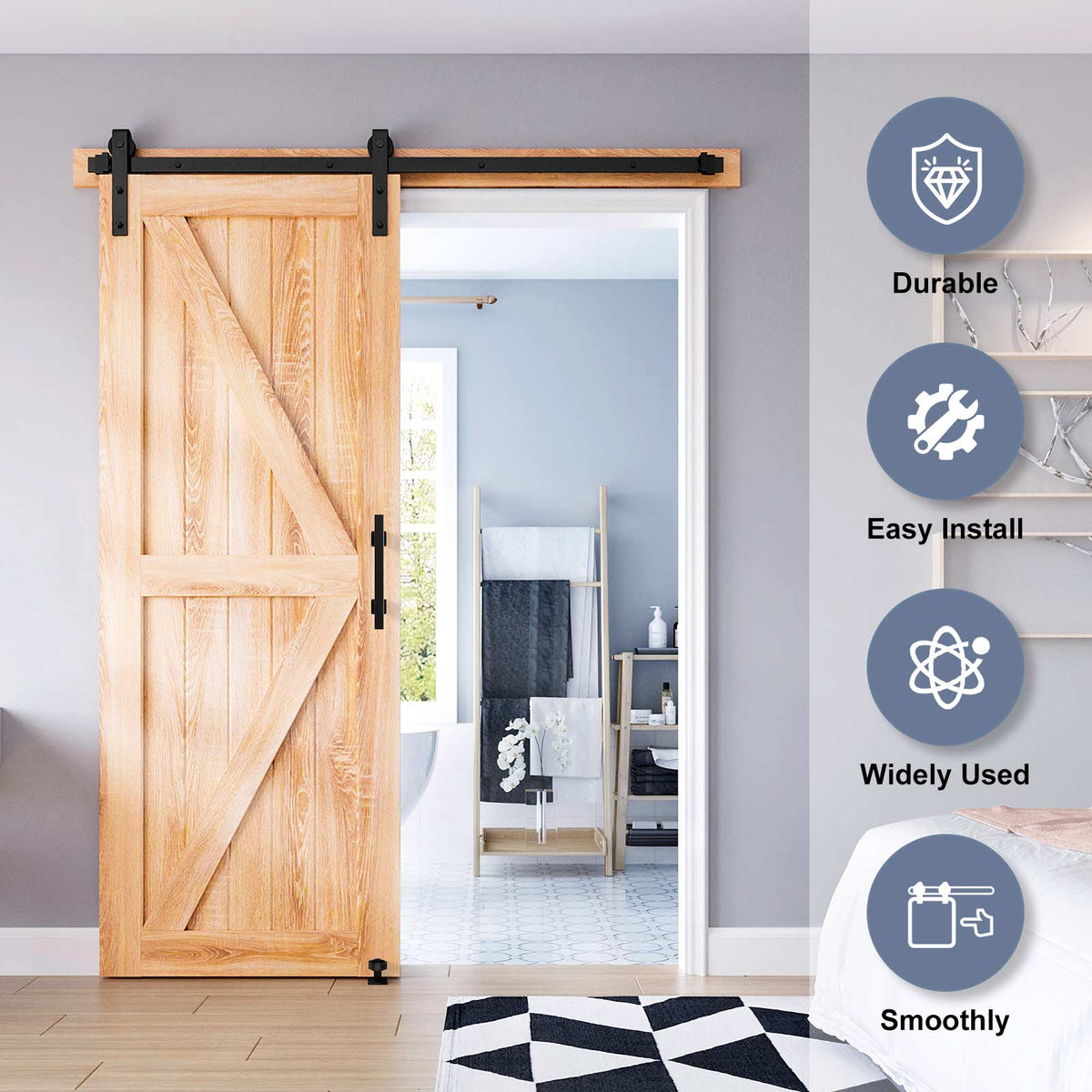 EaseLife Sliding Barn Door Hardware Track Kit with 12'' Handle & Floor Guide