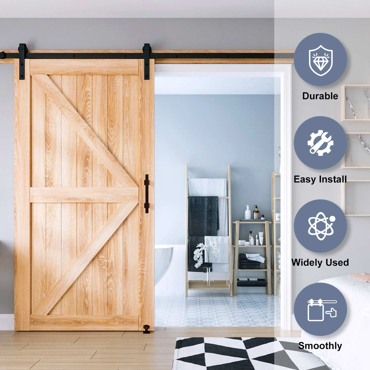 EaseLife Sliding Barn Door Hardware Track Kit with 12'' Handle & Floor Guide