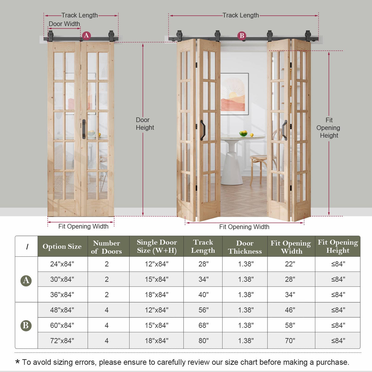 Easelife 42in x 84in(Double 21x84inch) Bifold French Glass Door,Sliding Folding Barn Doors with 3.8FT Hardware Track kit Included,Preassembled,Easy Install