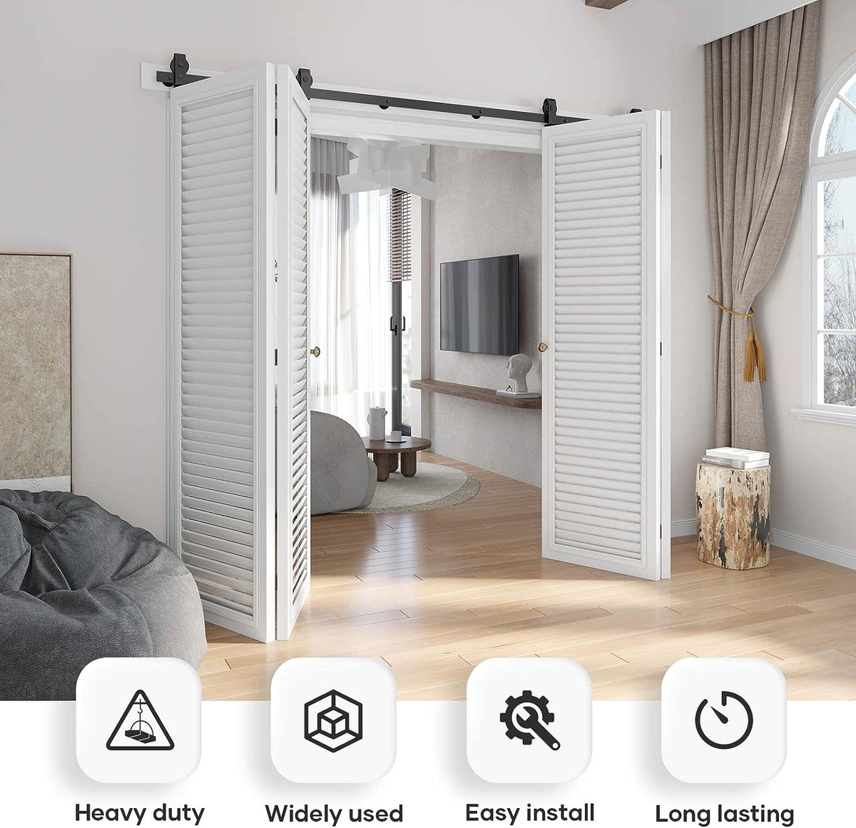 Bi-fold Sliding Barn Door Hardware,Top Mount Installation,Heavy Duty Roller,Smoothly and Quietly,Black(Door Not Included)