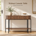 47.2" Entryway Table  with 3 Drawers, Fluted Entryway Table with Open Storage Shelf, Modern Narrow Sofa Table, Wood Grain Hallway Table with Black Metal Frame for Entryway, Living Room, Hallway Foyer Accent Table