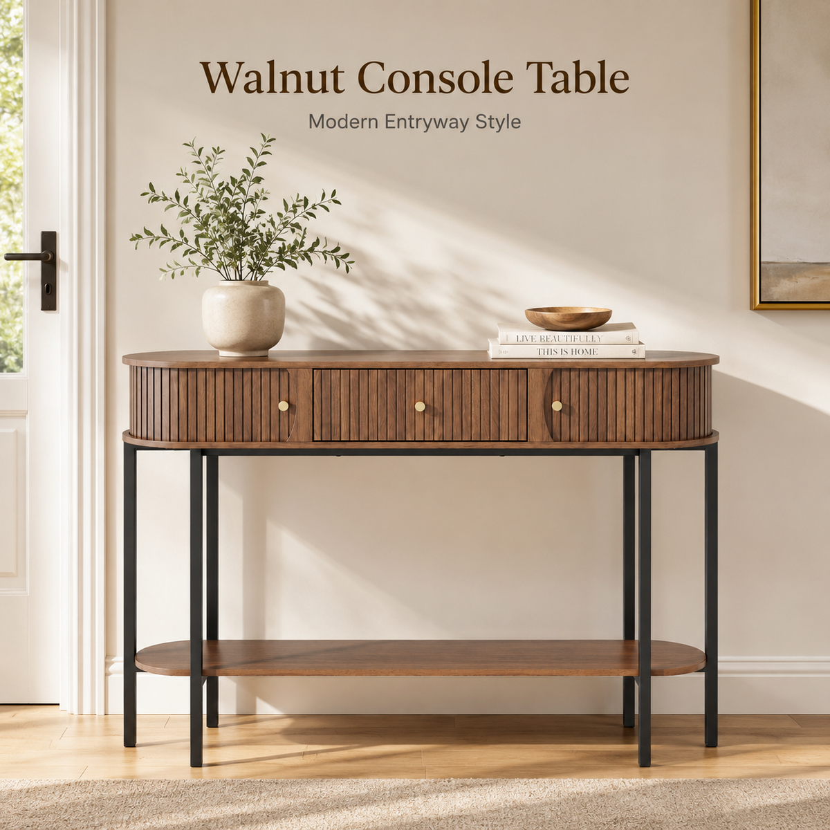 47.2" Entryway Table  with 3 Drawers, Fluted Entryway Table with Open Storage Shelf, Modern Narrow Sofa Table, Wood Grain Hallway Table with Black Metal Frame for Entryway, Living Room, Hallway Foyer Accent Table