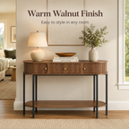 47.2" Entryway Table  with 3 Drawers, Fluted Entryway Table with Open Storage Shelf, Modern Narrow Sofa Table, Wood Grain Hallway Table with Black Metal Frame for Entryway, Living Room, Hallway Foyer Accent Table