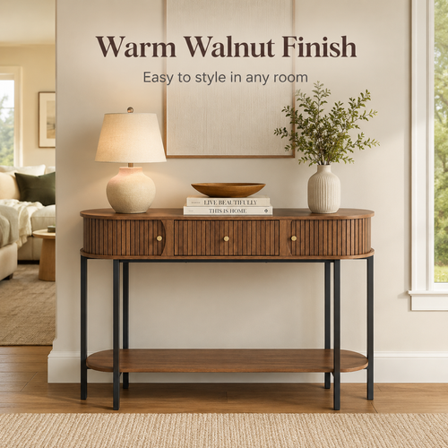 47.2" Entryway Table  with 3 Drawers, Fluted Entryway Table with Open Storage Shelf, Modern Narrow Sofa Table, Wood Grain Hallway Table with Black Metal Frame for Entryway, Living Room, Hallway Foyer Accent Table