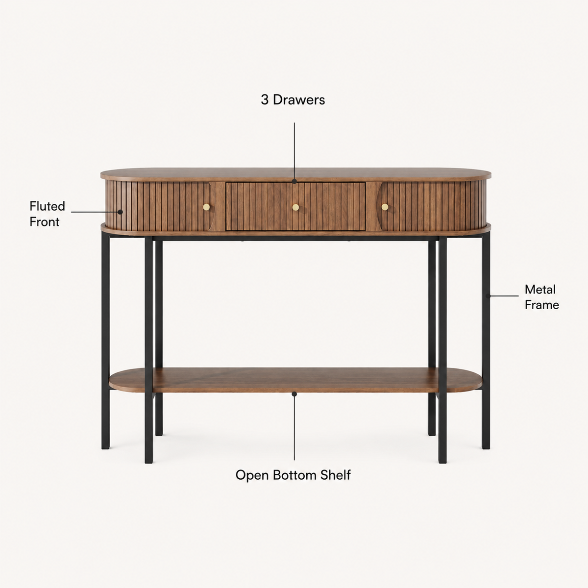 47.2" Entryway Table  with 3 Drawers, Fluted Entryway Table with Open Storage Shelf, Modern Narrow Sofa Table, Wood Grain Hallway Table with Black Metal Frame for Entryway, Living Room, Hallway Foyer Accent Table