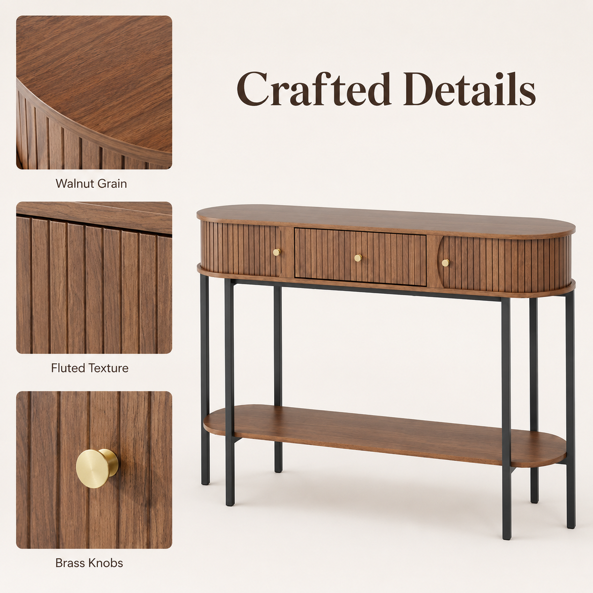 47.2" Entryway Table  with 3 Drawers, Fluted Entryway Table with Open Storage Shelf, Modern Narrow Sofa Table, Wood Grain Hallway Table with Black Metal Frame for Entryway, Living Room, Hallway Foyer Accent Table