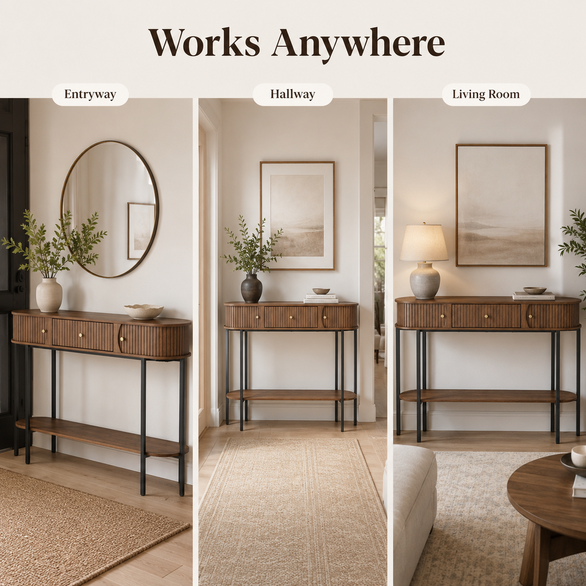 47.2" Entryway Table  with 3 Drawers, Fluted Entryway Table with Open Storage Shelf, Modern Narrow Sofa Table, Wood Grain Hallway Table with Black Metal Frame for Entryway, Living Room, Hallway Foyer Accent Table