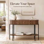 47.2" Entryway Table  with 3 Drawers, Fluted Entryway Table with Open Storage Shelf, Modern Narrow Sofa Table, Wood Grain Hallway Table with Black Metal Frame for Entryway, Living Room, Hallway Foyer Accent Table