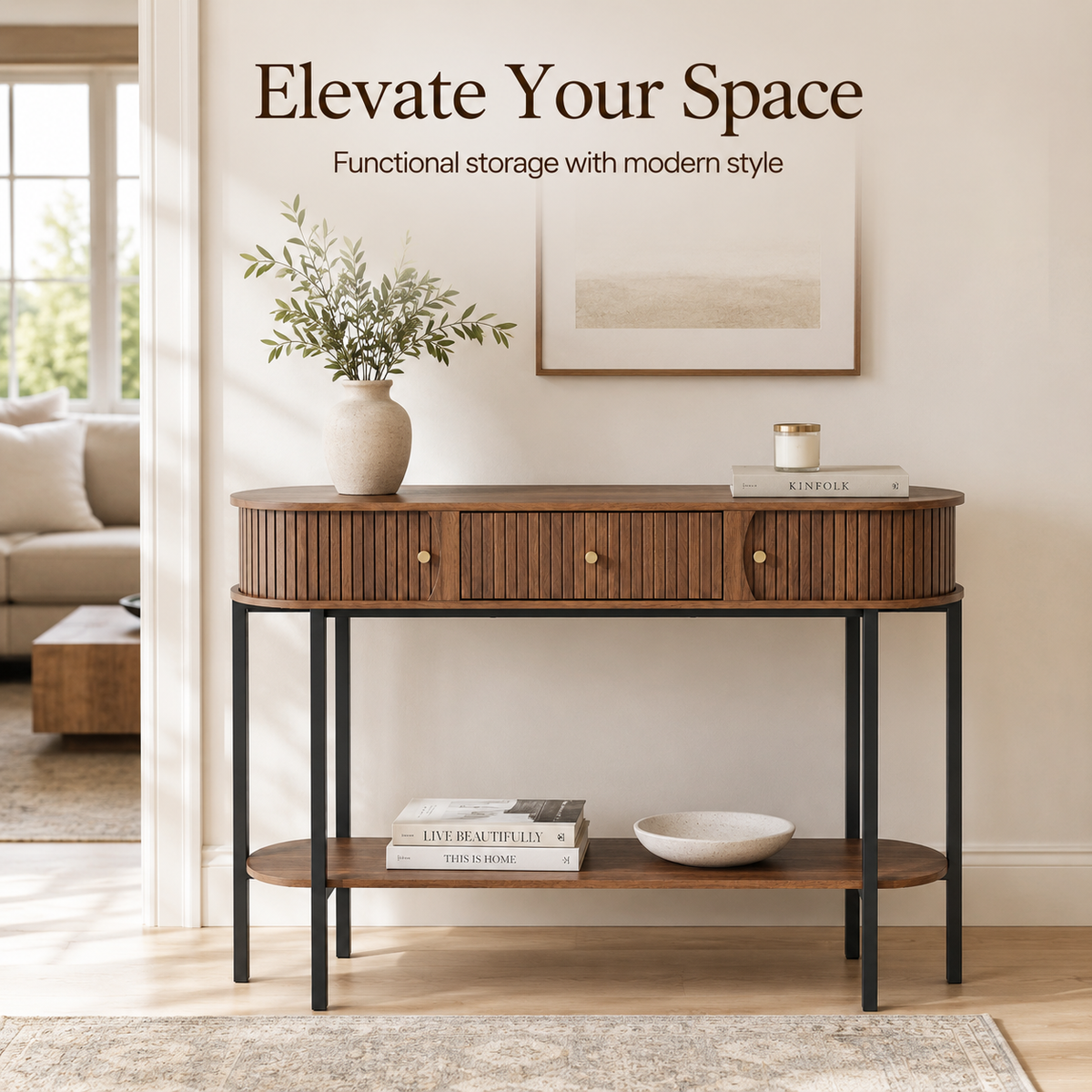 47.2" Entryway Table  with 3 Drawers, Fluted Entryway Table with Open Storage Shelf, Modern Narrow Sofa Table, Wood Grain Hallway Table with Black Metal Frame for Entryway, Living Room, Hallway Foyer Accent Table