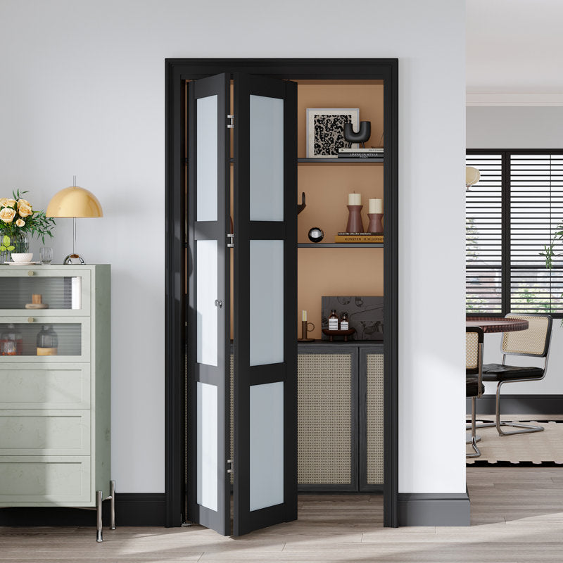 Frosted Glass And Solid Manufactured Wood Bi-Fold Door With Installation Hardware Kit