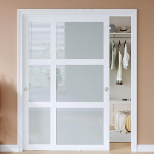 EaseLife Bypass Sliding Closet Doors – Frosted Glass Panels with Hardware Kit, Preassembled White MDF Barn Doors