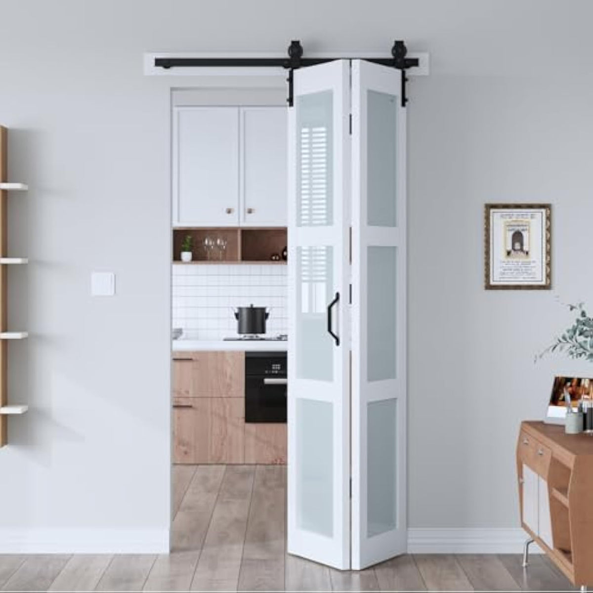EaseLife Preassembled Bi-Fold Doors, for 30"x 80" Opening,Tempered Frosted Glass Closet Folding Barn Door with Concealed Hardware Kit,MDF Wood Panel,Water-Proof PVC Surface,Easy Installation