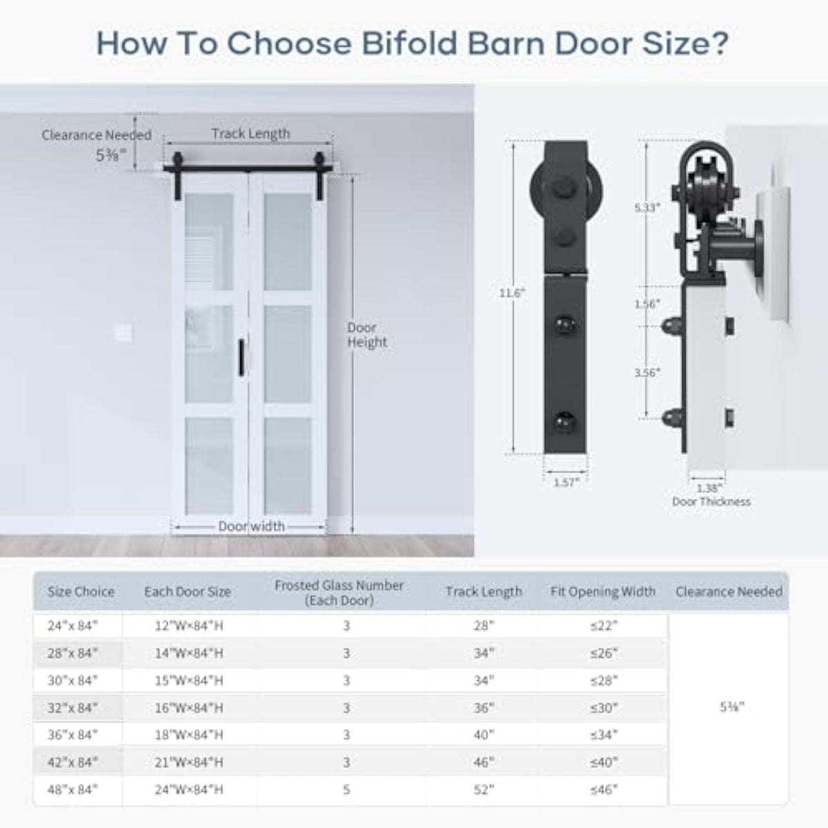 EaseLife 30"x84" Bifold Frosted Glass Barn Door – Modern Double Panel with Hardware Kit, Space-Saving Folding Design for Interior Use