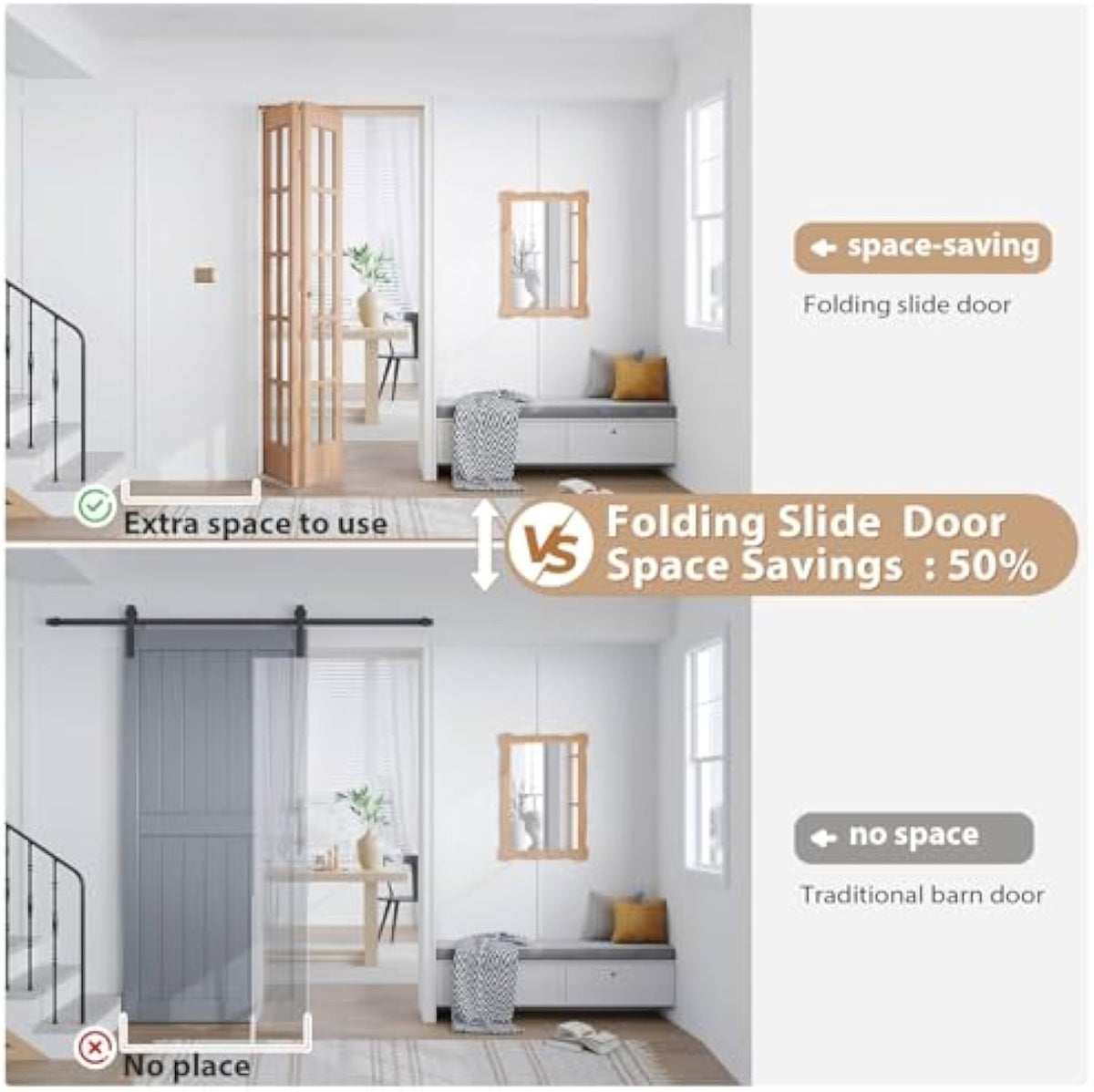 EaseLife Bifold Closet Door,French Glass Barn Doors with  Bi-Fold Sliding Hardware Kit Included,Preassembled Door,Easy Install,DIY staining