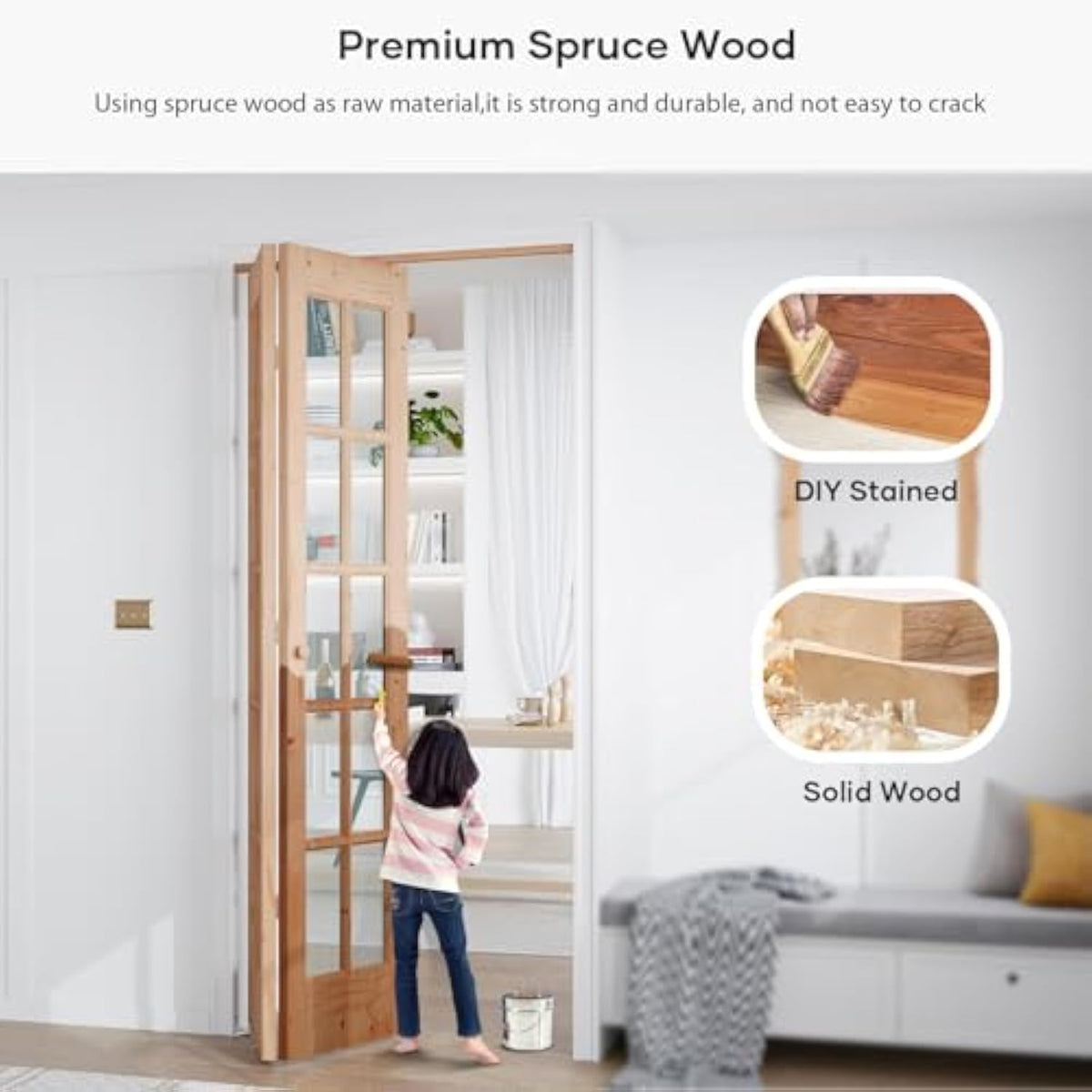 EaseLife Bifold Closet Door,French Glass Barn Doors with  Bi-Fold Sliding Hardware Kit Included,Preassembled Door,Easy Install,DIY staining