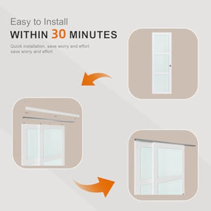 EaseLife Bypass Sliding Closet Doors – Frosted Glass Panels with Hardware Kit, Preassembled White MDF Barn Doors