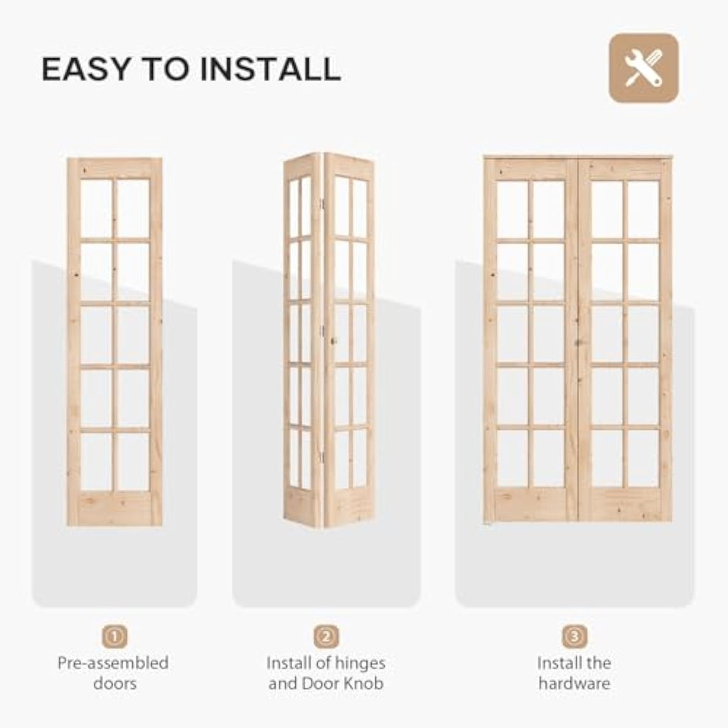 EaseLife Bifold Closet Door,French Glass Barn Doors with  Bi-Fold Sliding Hardware Kit Included,Preassembled Door,Easy Install,DIY staining
