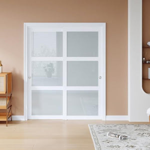 EaseLife Bypass Sliding Closet Doors – Frosted Glass Panels with Hardware Kit, Preassembled White MDF Barn Doors