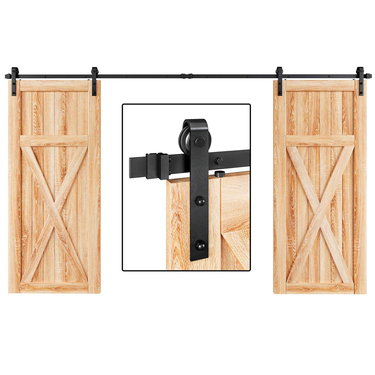 EaseLife Double Door Sliding Barn Door Hardware Track Kit,Basic J Pulley,Heavy Duty,Slide Smoothly Quietly,Easy Install