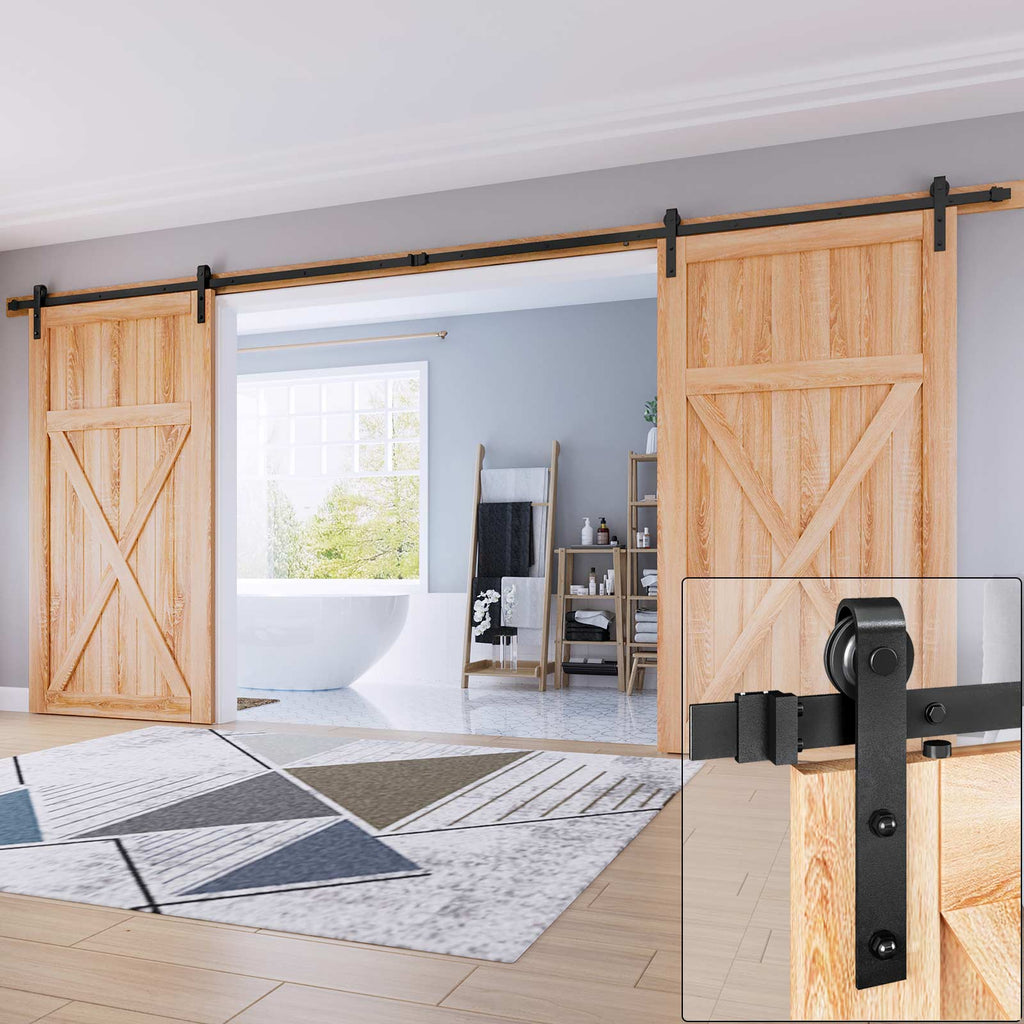 EaseLife Double Door Sliding Barn Door Hardware Track Kit,Basic J Pulley,Heavy Duty,Slide Smoothly Quietly,Easy Install