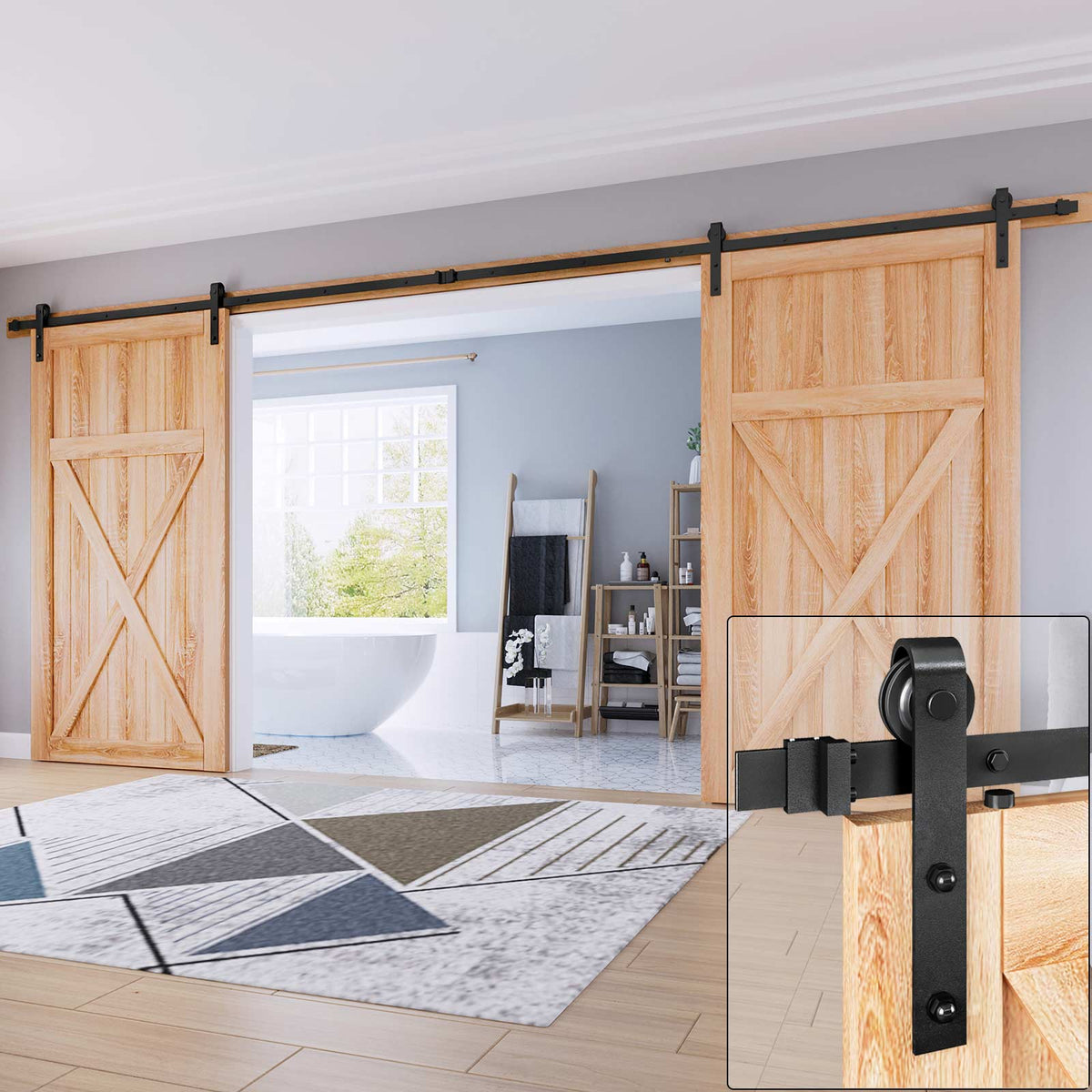 EaseLife Double Door Sliding Barn Door Hardware Track Kit,Basic J Pulley,Heavy Duty,Slide Smoothly Quietly,Easy Install