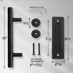 EaseLife 12" Sliding Barn Door Pull Handle with Flush Hardware Set,Heavy Duty,Solid,Rustic Style,Black Powder Coated Finish,Easy Install