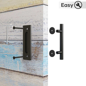 EaseLife 10" Sliding Barn Door Pull Handle with Flush Hardware Set,Heavy Duty,Solid,Rustic Style,Black Powder Coated Finish,Easy Install