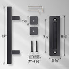 EaseLife 12" Sliding Barn Door Pull Handle with Flush Hardware Set,Heavy Duty,Solid,Rustic Style,Black Powder Coated Finish,Easy Install