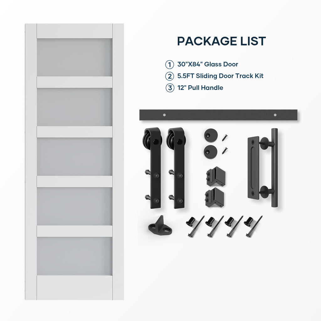 EaseLife Glass Barn Door with Sliding Door Hardware Kit Included & Handle,Solid LVL Wood Covered with Water-Proof & Scratch-Resistant PVC Surface,DIY Assembly,5-Panel Glass,White