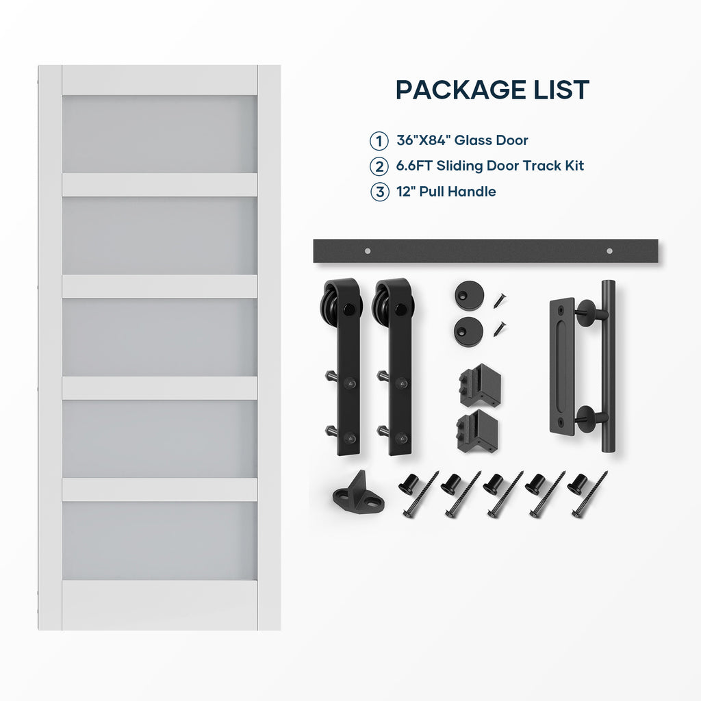 EaseLife Glass Barn Door with Sliding Door Hardware Kit Included & Handle,Solid LVL Wood Covered with Water-Proof & Scratch-Resistant PVC Surface,DIY Assembly,5-Panel Glass,White